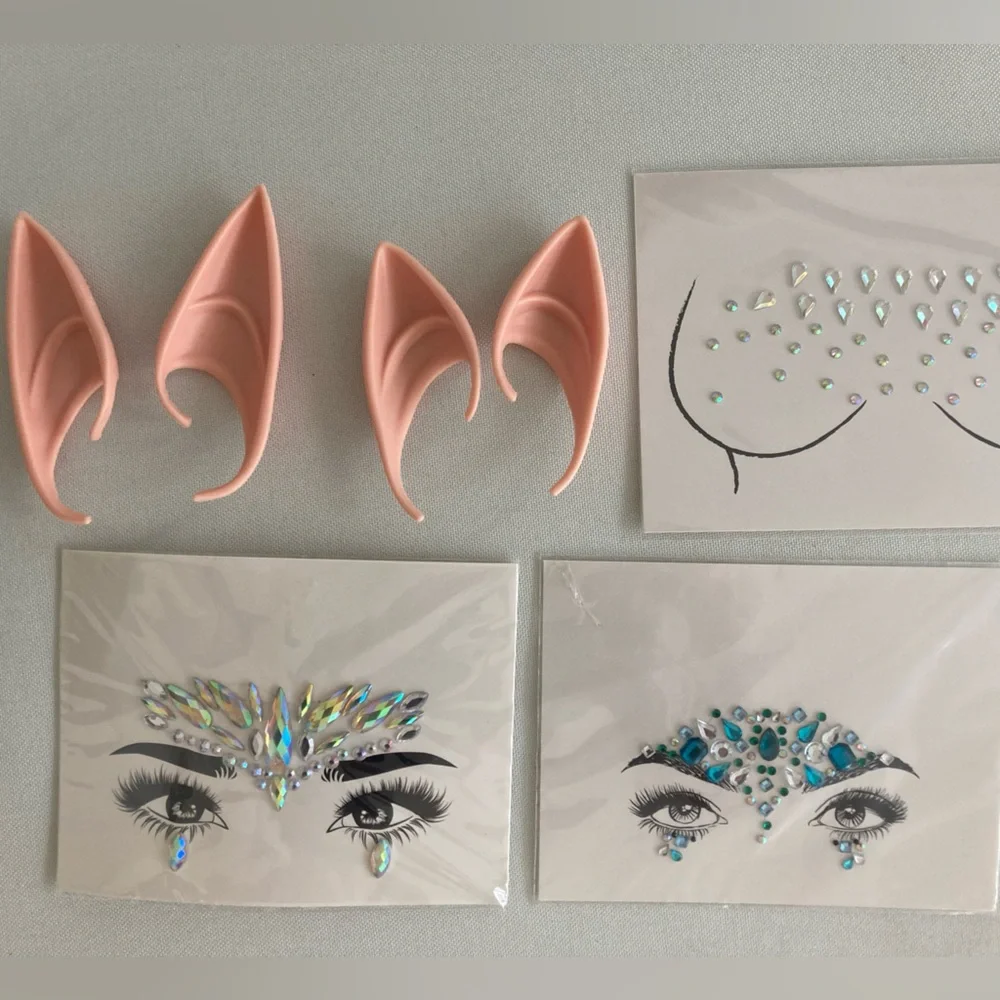 Set Of 2 Elf Ears Cosplay Festival Face Jewel Body Gem Accessories Bundle